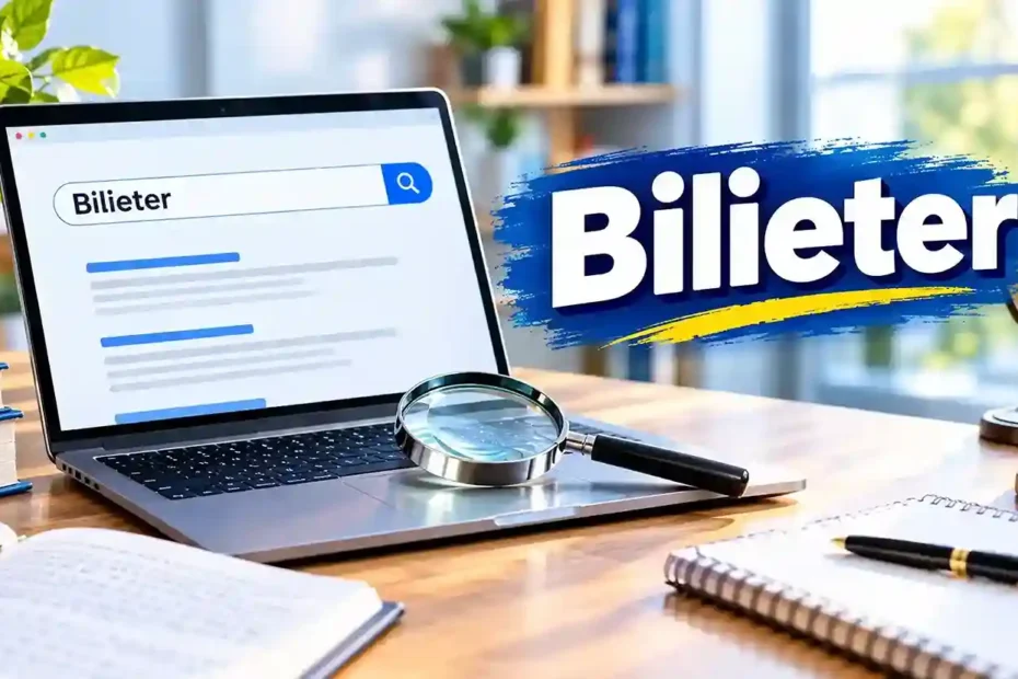 Laptop screen displaying a search for Bilieter with blue progress bars, magnifying glass on desk, books, notebook, coffee cup and globe in a bright modern office – what is a Bilieter ticket manager