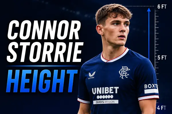 Connor Storrie height graphic showing the actor's 5 foot 10 inch stature in an athletic jersey.