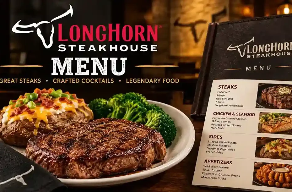 LongHorn Steakhouse menu with grilled steak, loaded baked potato and broccoli