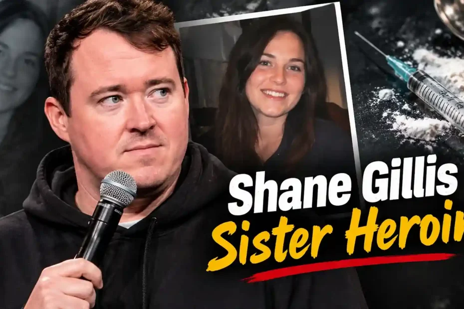 Shane Gillis comedian holding microphone with sister photo and heroin imagery collage
