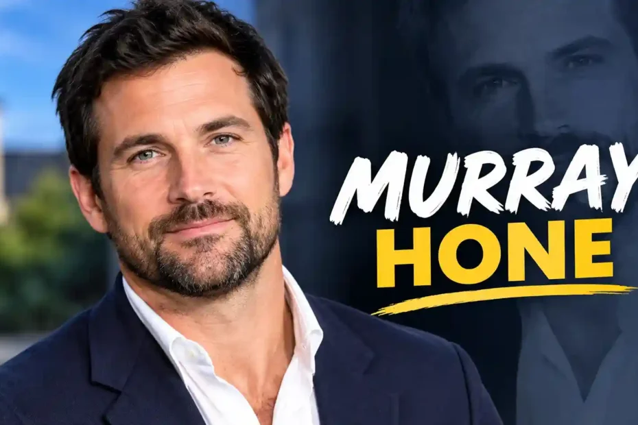 Murray Hone smiling in a navy blue blazer and white shirt with short brown hair and beard, featuring a faded background portrait and bold white-and-yellow text “Murray Hone”.