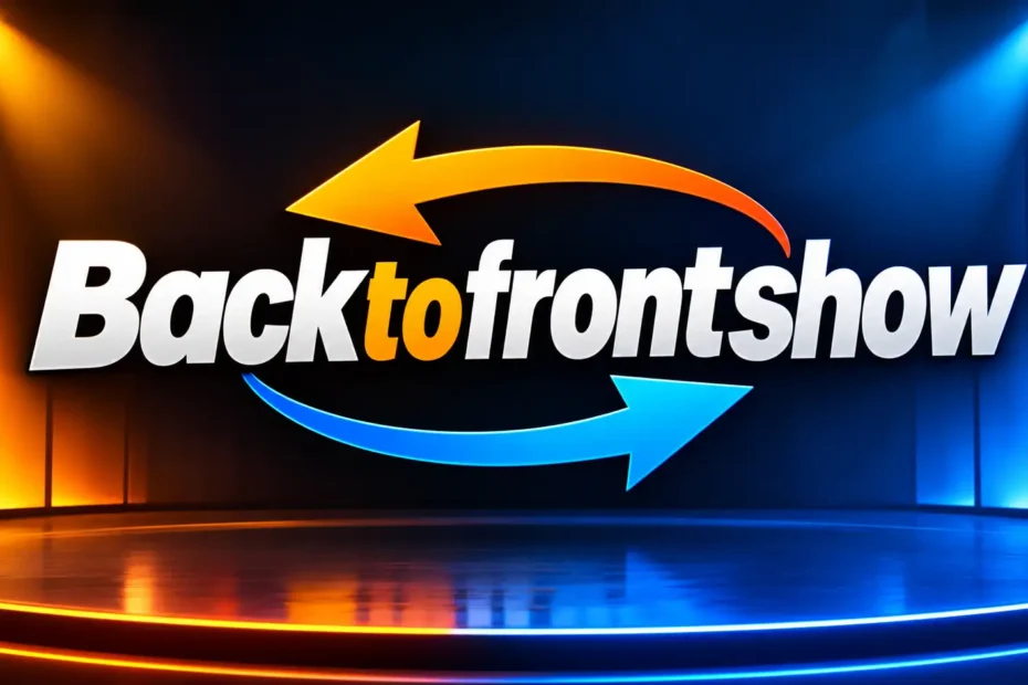 Back to Front Show logo with orange and blue circular arrows on a modern stage with orange and blue spotlights