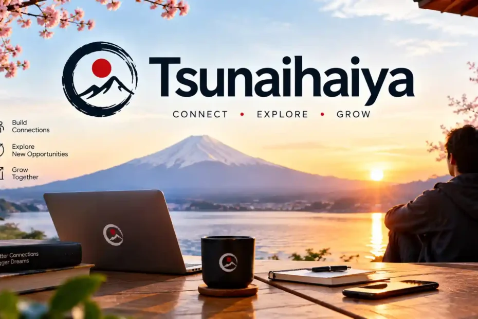 Tsunaihaiya featured image with a Japanese mountain landscape, cherry blossoms, laptop, and sunrise